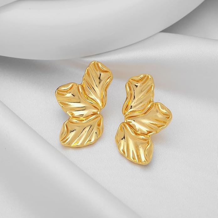 Chunky Gold Statement Earrings For Women Gold Plated Sectored Flower Leaf Shell Angel Wing Earrings Trendy Boho Jewelry For Women Large Stud Earrings Hypoallergenic Earrings