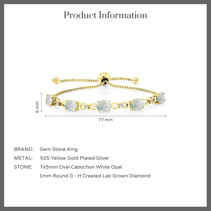 Gem Stone King 7X5MM Oval Cut Gemstone Birthstone and Accent Lab Grown Diamond Tennis Bracelet For Women In 18K Yellow Gold Plated Silver | Adjustable Bolo Bracelet For Women | Easy-On Easy-Off