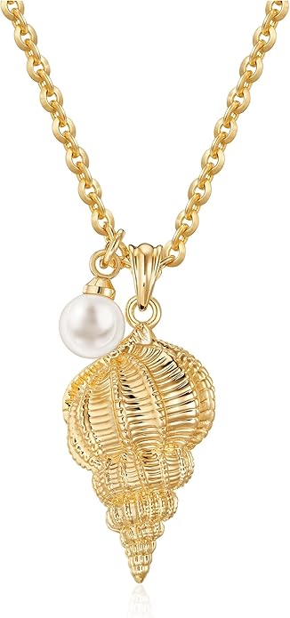 MEVECCO Dainty Gold Pendent Necklace for Women 18K Gold Plated Pearl CZ Starfish Seashell Conch Star Crab Boho Handmade Ocean Chain Necklace Summer Beach Jewelry Gift