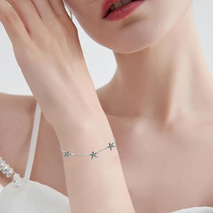 Cuoka Abalone Starfish Bracelet for Women S925 Silver Plated Adjustable Shell Sea Beach Ocean Bracelet Summer Beach Jewelry
