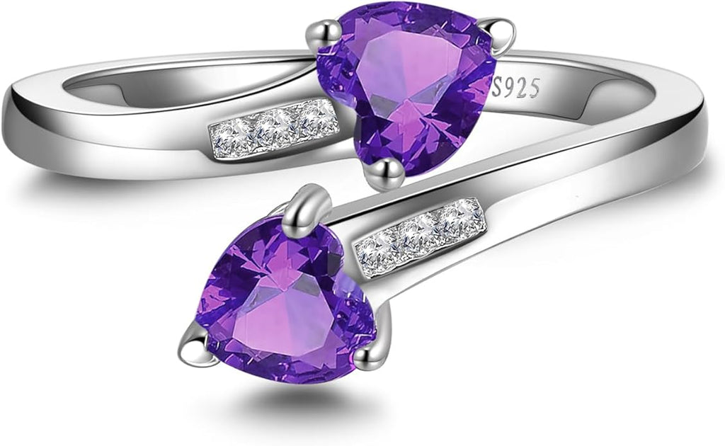 1CT Adjustable Women Heart Ring 925 Sterling Silver Birthstone Rings for Women Promise Ring for her Simulated Gemstone Statement Stackable Band Width 2mm Open Size 5~9