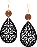 MINACHI Bohemian Hollow Cut-Out Wood Leather Dangle Drop Earrings, Boho Chic Hippie Statement Jewelry Gift for Women