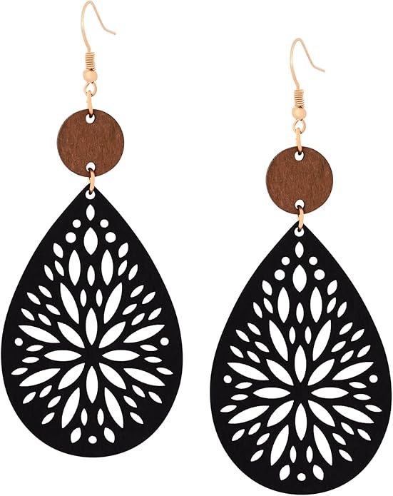 MINACHI Bohemian Hollow Cut-Out Wood Leather Dangle Drop Earrings, Boho Chic Hippie Statement Jewelry Gift for Women