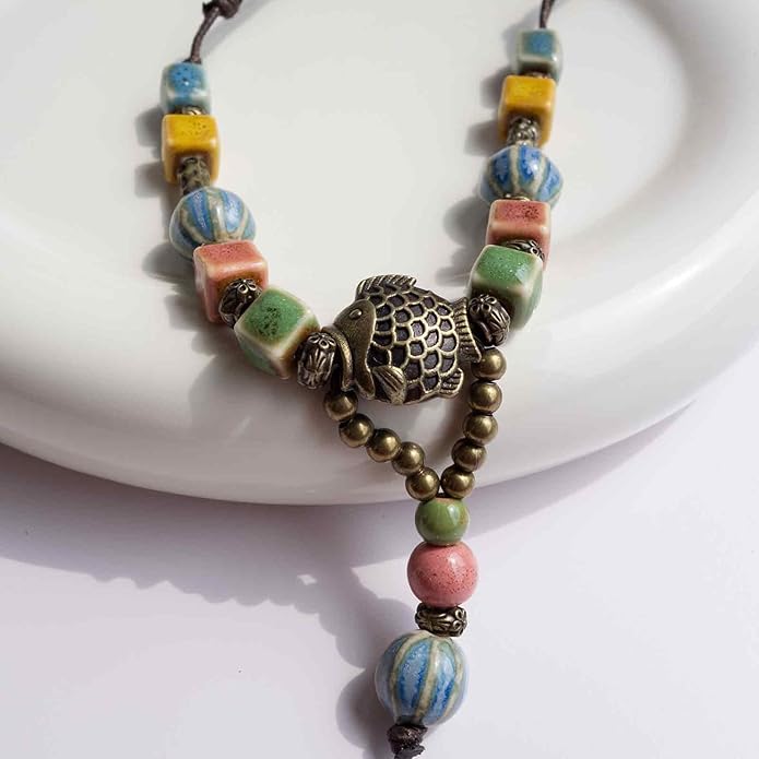 Adjustable Ceramic Beaded Necklace for Women, Boho Handmade Flower Pendant Necklace, Hippie Jewelry for Mom and Wife