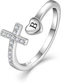 STARCHENIE Cross Initial Ring for Women 925 Sterling Silver Letters A-Z 26 Alphabet Adjustable Ring Size 7