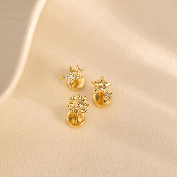 VRIUA 20G Tiny Flat Back Earrings for Women - 14K Gold/Silver Plated Small Flat Back Stud Earrings Hypoallergenic Cartilage Helix Piercing Jewelry