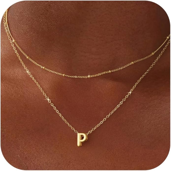 Valentines Day Gifts for Her - Bubble Letter Necklace Layered 14K Gold Plated Initial Necklaces for Women Dainty Cute Choker Pendant Stack Jewelry Fashion Accessories Teen Gift Trendy Stuff
