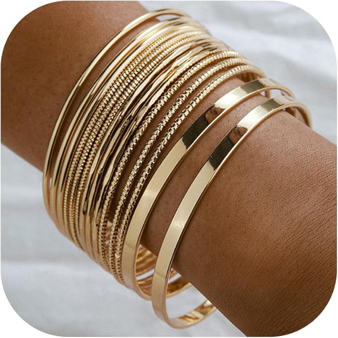 16Pcs Gold Bangle Bracelets for Women - Multi Layer Stackable Textured Bracelets Boho Jewelrys Set.