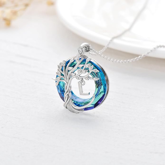 TOUPOP Gifts for Women Tree of Life Necklace 925 Sterling Silver Initial Pendant Family Tree Crystal Jewelry Valentine's Day Birthday Gifts for Her Mom Wife Girlfriend Daughter