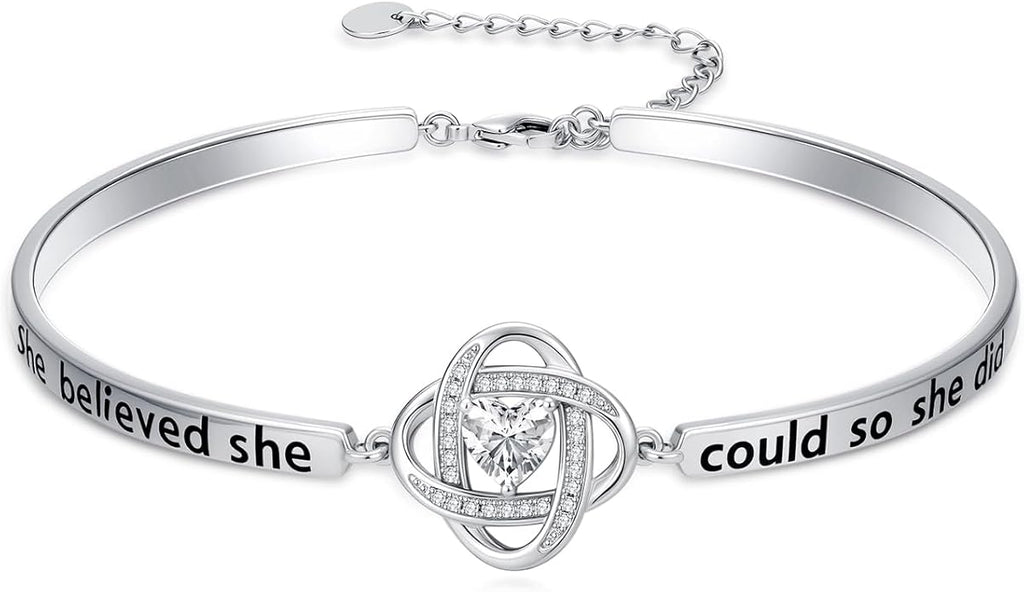 Valentines Day Gifts for Her, 18k White Gold Plated Love Knot Bracelets, Engraved Inspirational and Sentiment Bangle, Anniversary Birthday Jewelry Gift for Lover Wife Girlfriend Sister Friends