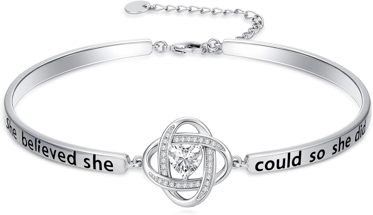 Valentines Day Gifts for Her, 18k White Gold Plated Love Knot Bracelets, Engraved Inspirational and Sentiment Bangle, Anniversary Birthday Jewelry Gift for Lover Wife Girlfriend Sister Friends