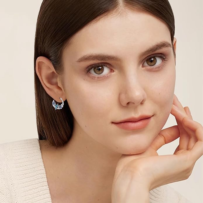 JUSTKIDSTOY Hypoallergenic Panda/Unicorn/Hummingbird/Dolphin Hoop Earrings for Women 925 Sterling Silver Animal Huggie Hoop Earrings Jewelry Gifts for Sensitive Ears