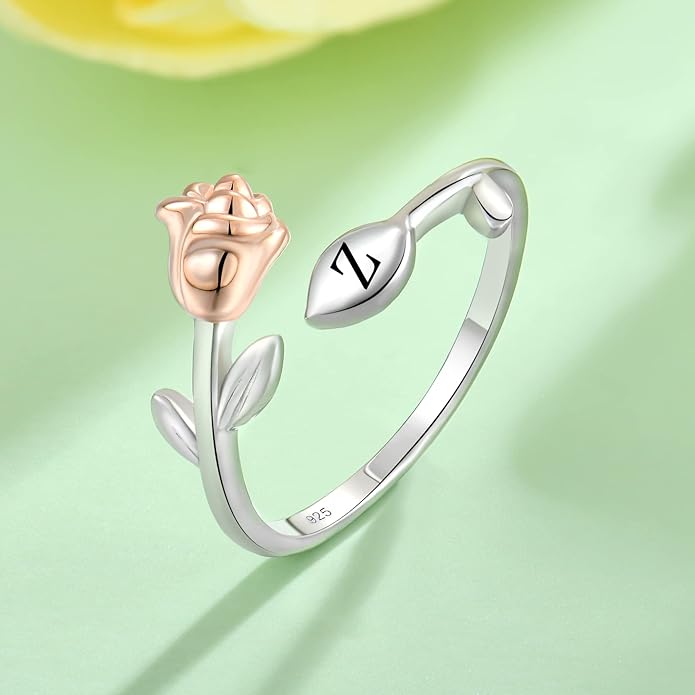 STARCHENIE Rose Initial Ring for Women 925 Sterling Silver Letters A-Z 26 Alphabet Adjustable Ring Size 7