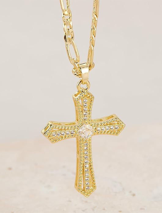 14K Gold Plated Cross Necklace for Women, Cubic Zirconia Copper Cross Pendant, Valentine's Mother's Day Gifts for Her with Jewelry Box Figaro Link Chain, Alloy Brass CZ Diamond Bridal Wedding