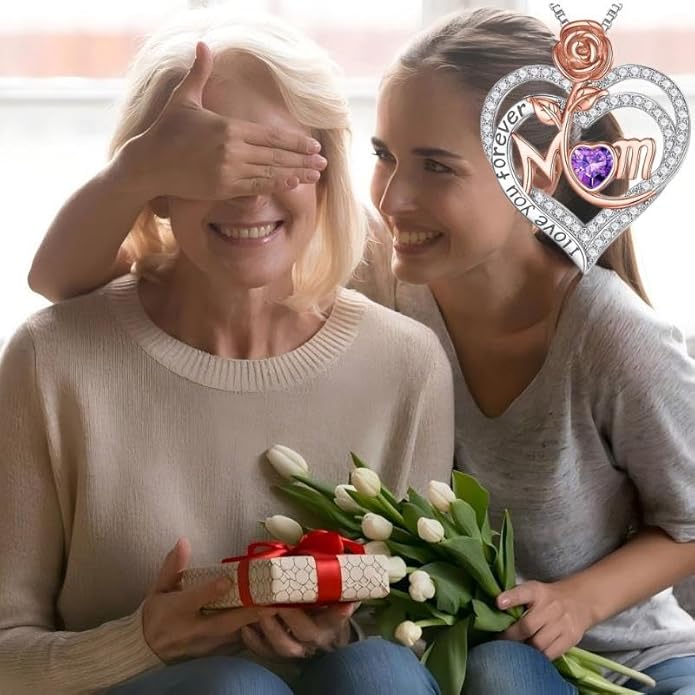 Rose Birthstone Gifts for Mom, S925 Sterling Silver Rose Heart Pendant Birthstone Necklace Mothers Day Valentines Day Christmas Birthday Jewelry Gifts for Mom
