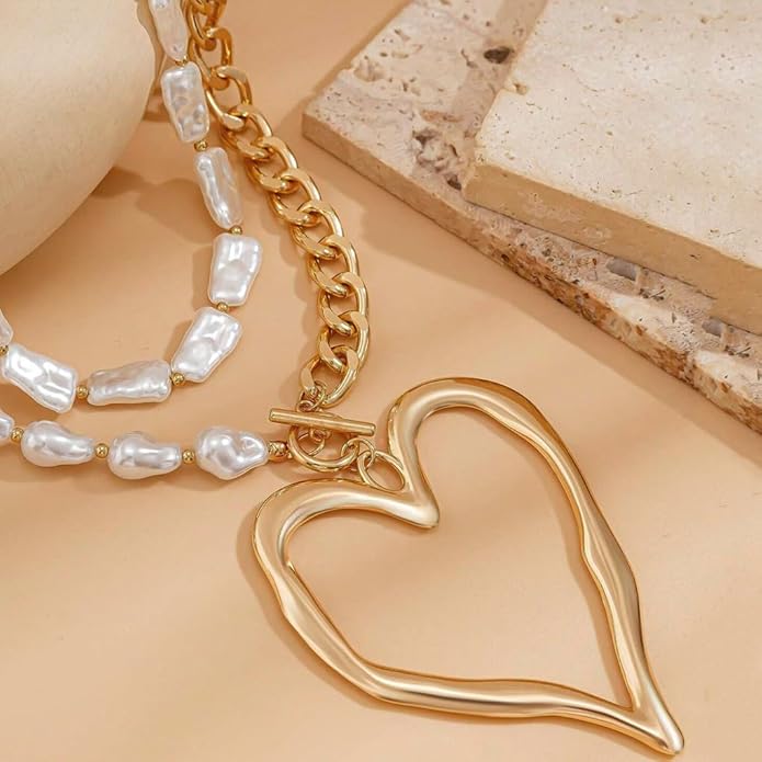 Chunky Gold Heart Necklace for Women,Y2K Big Heart Statement Necklace Long Puffy Hearts Chain Charm Necklaces Trendy Jewerly