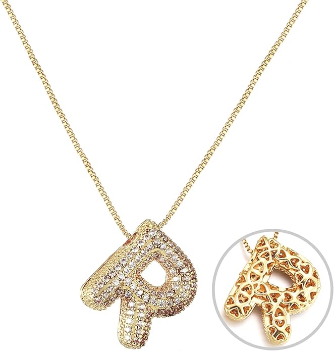 RWQIAN Letter Necklace for Women Bubble, Chunky Initial Alphabet A-Z Pendant Puffy Name Personalized Necklace Dainty Zircon CZ Fashion Jewelry Gifts for Girls Girlfriend