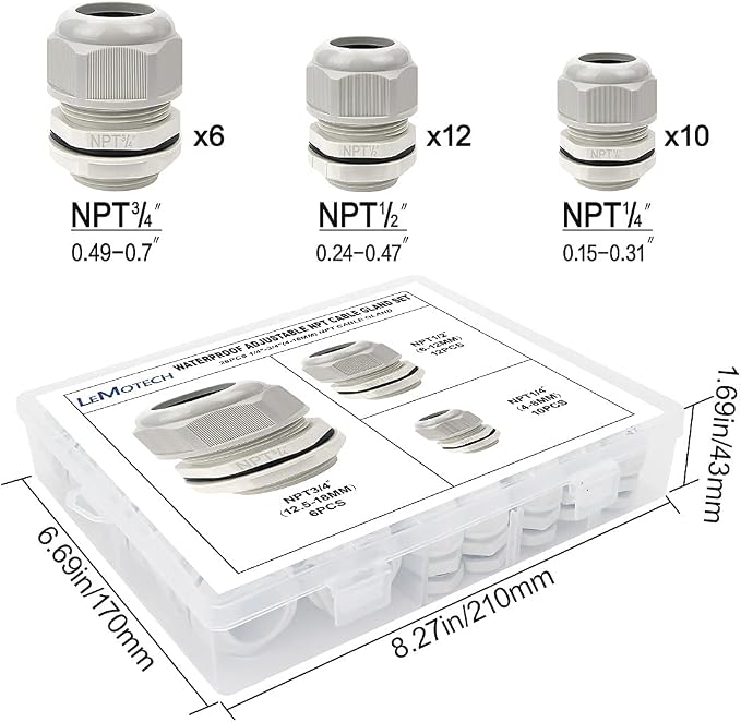 28 Pack NPT 1/4" 1/2" 3/4" Cable Glands Kit Waterproof Adjustable 4-18mm Cable - Image 6