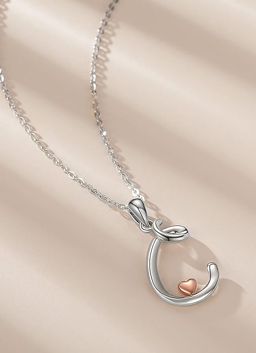 CELESTIA 925 Sterling Silver Initial Necklaces 26 Letter with Rose Gold Heart - 18 Inch Chain