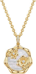 MEVECCO Birth Flower Necklace For Women 18k Gold Plated Mother Of Pearl Disc Floral Pendant Necklace Dainty 12 Birth Month Flower Handmade Personalized Jewelry Anniversary Christmas Birthday Gifts
