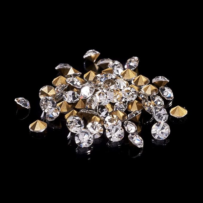 Fashewelry 1440Pcs Pointed Back Clear Glass Rhinestone Cabochons 4mm Mini Faceted Crystal Diamante Gem Cab Covers with Gold Plated No Hole for DIY Jewelry Making