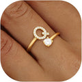 Valentines Day Gifts Gold Silver Initial Rings for Women Non Tarnish Dainty 14k Gold Plated Stackable Rings for Women Trendy Adjustable Letter Cubic Zirconia Pinky Ring Cute Open Birthday Gift Jewelry