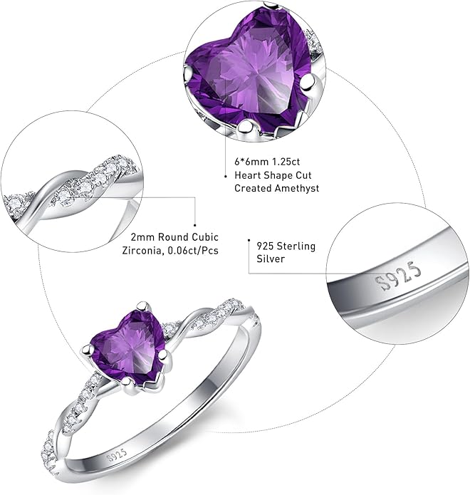 1.25ct Womens Heart Promise Ring, 925 Sterling Silver Heart Cut Created Emerald/Sapphire/Amethyst/Ruby/Cubic Zirconia/Opal Twisted Vine Engagement Ring for Women Size 5-10