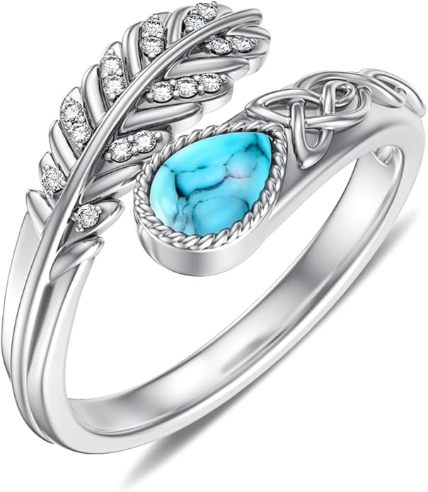 Turquoise/Moss Agate/Moonstone/Black Onyx/Lapis Lazuli/Labradorite/Tiger Eye Feather Ring 925 Sterling Silver Adjustable Ring Western Thumb Rings Vintage Jewelry Gifts for Women