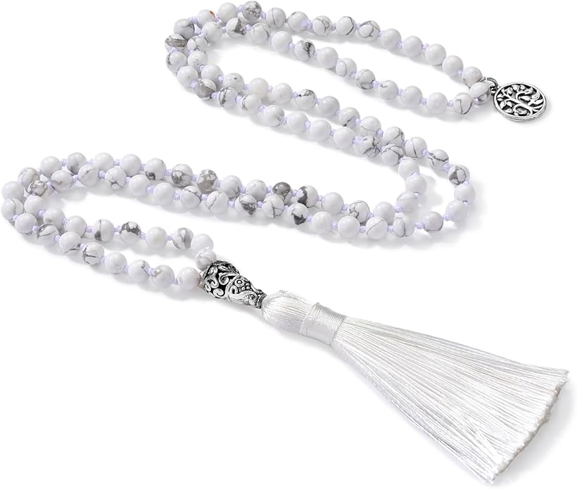 INBLUE 108 Mala Prayer Beads Wrap Necklace with Long Tassel Boho Necklace for Women Amazonite Bead Bracelet with Spiritual Tree of Life Pendant 108 Beads Necklace for Meditation