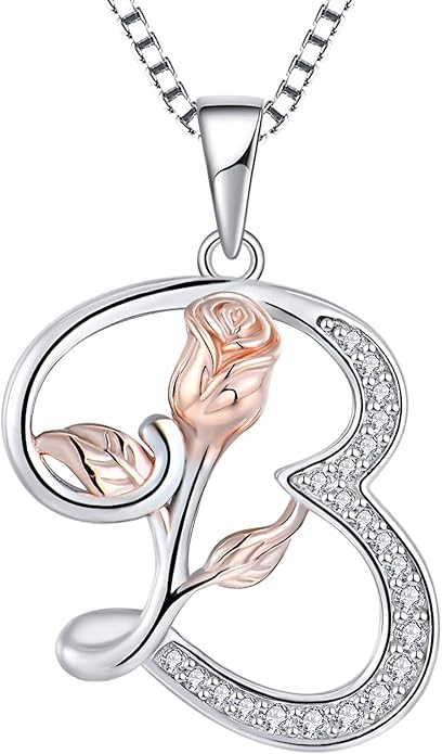 STARCHENIE Initial Necklace for Women Sterling Silver Letters 26 Alphabet Pendant Rose Flower Jewelry Gifts for Family Sisters Friend