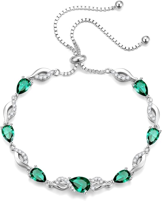 FANCIME Birthstone Teardrop Tennis Bracelet for Women, Sterling Silver 9x7mm main Gemstone Bolo Adjustable Chain Bracelet Fine Jewelry Birthday Gifts for Women Mom Wife Her