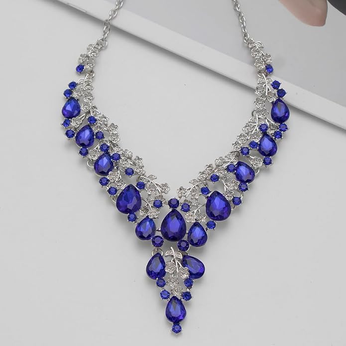 Bridal Bridesmaid Austrian Crystal Jewelry Set, Floarl rhinestone Statement Neckace Teardrop Necklace Drop Dangle Earrings Set