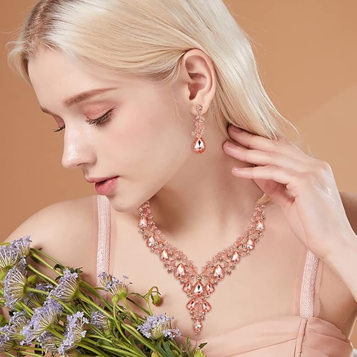 BriLove Women's Wedding Bridal Austrian Crystal Teardrop Flower Cluster Statement Necklace Dangle Earrings Jewelry Set for Party Prom