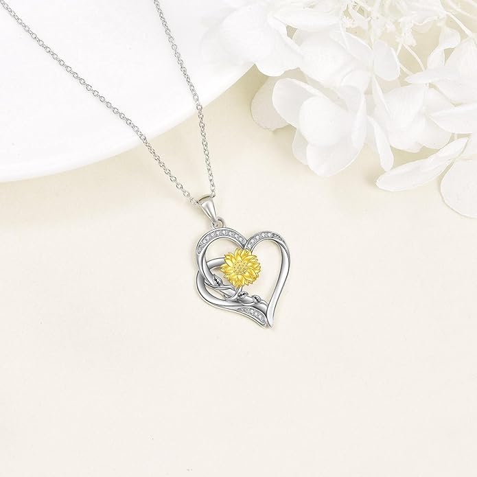 ZBA Natural Diamond Sunflower Heart Necklace for Women 18K Gold Plated Sterling Silver Sunflower Heart Pendant Necklace Jewelry Christmas Gifts for Mom(Color FG Clarity SI2SI3)
