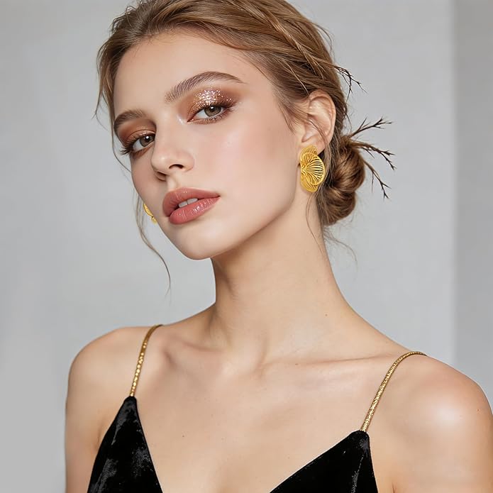 Gold Statement Stud Earrings for Women – 18K Gold Plated Abstract Hollow Leaf Earrings, Chunky Fan Shell Post Studs, Vintage Polished Cutout Flower Jewelry Gift