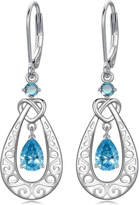 Teardrop Birthstone Dangle Drop Earrings Sterling Silver Infinity Filigree Leverback Earrings, Infinity Love Birthday Anniversary Valentines Day Gifts for Her Women Mom Wife