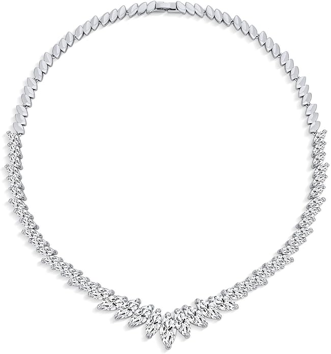 Bridal Jewelry Set Art Deco Vintage Estate Style Cubic Zirconia Marquise Leaf Teardrop AAA CZ Statement Cleavage Choker Necklace & Chandelier Dangle Clip On Or Pierced Earrings For Women Pageant