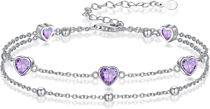 Birthstone Anklet/Bracelets for Women 925 Sterling Silver Charm Link Double Strand Heart Birthstone Jewelry Gift for Wife Women Mother's Day Gift