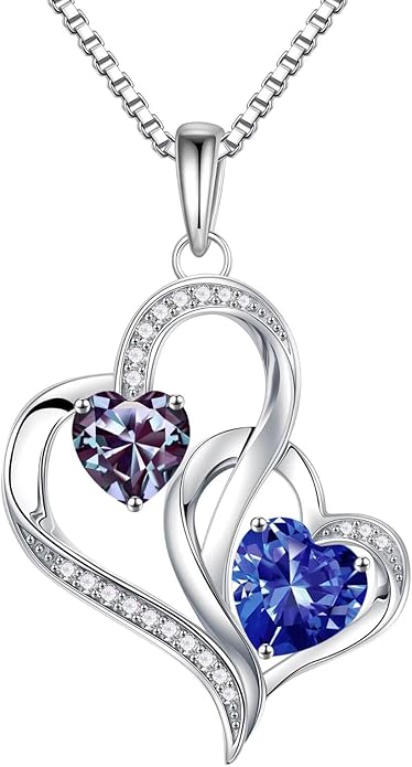 Iefil Valentines Day Gifts for Her - 925 Sterling Silver Double Birthstone Necklace, Heart Necklaces for Women, Anniversary Birthday Gifts, Personalized Jewelry Gift for Wife Mom Girlfriend