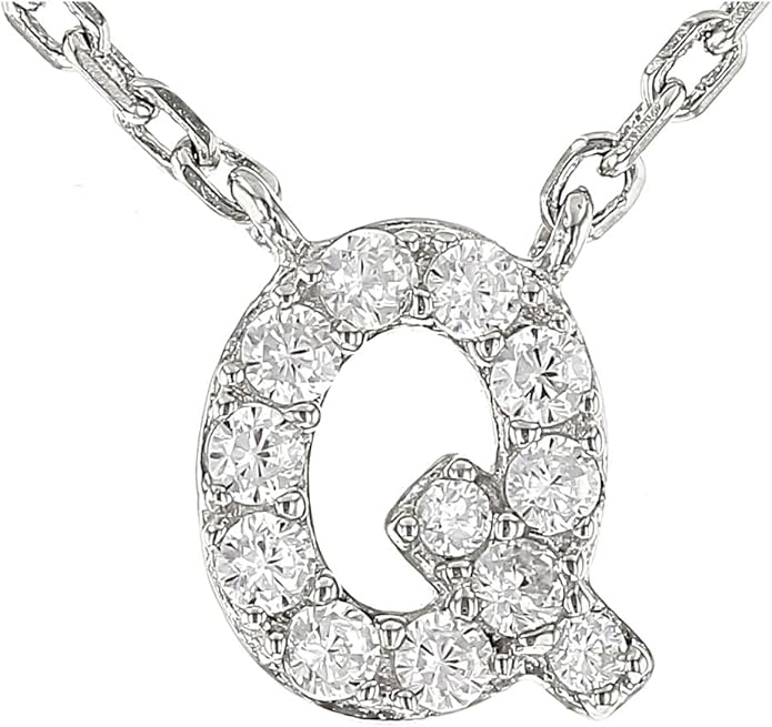 JTV Sterling Silver Initial Necklace for Women, 0.13 CTW White Cubic Zirconia Letter Pendant, Rhodium-Plated, Personalized Monogram Jewelry, Gift Box Included, 18”