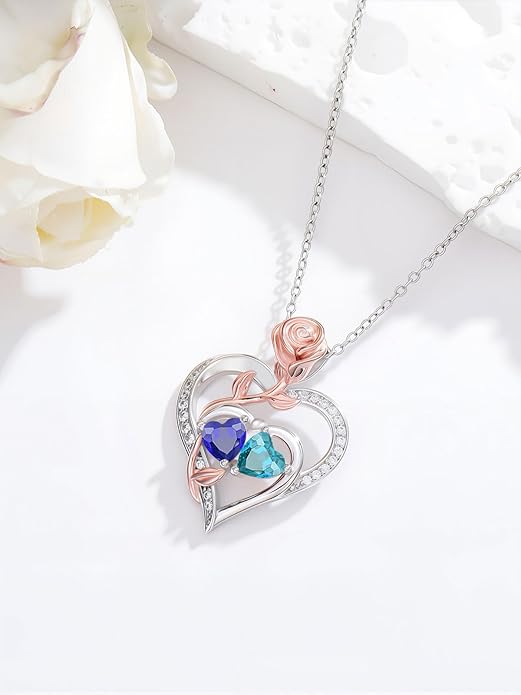 Rose Flower Heart Pendant for Women Birthday Gifts 18k Gold Plated Mother Daughter Necklace with 12 Months Birthstone Christmas Valentines Day Gifts for Her Mom Anniversarry Jewelry for Mom Wife Girlfriend