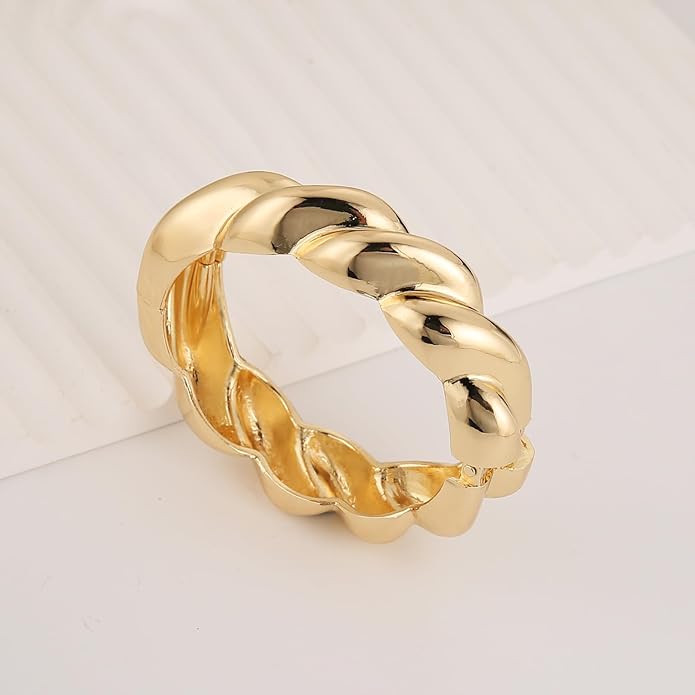 HZMAN 18K Gold Plated Wide Cuff Bracelet for Women - Premium Alloy Shiny Polished Double Layer Statement Bangle, Trendy Daily Wear Party Jewelry Accessory