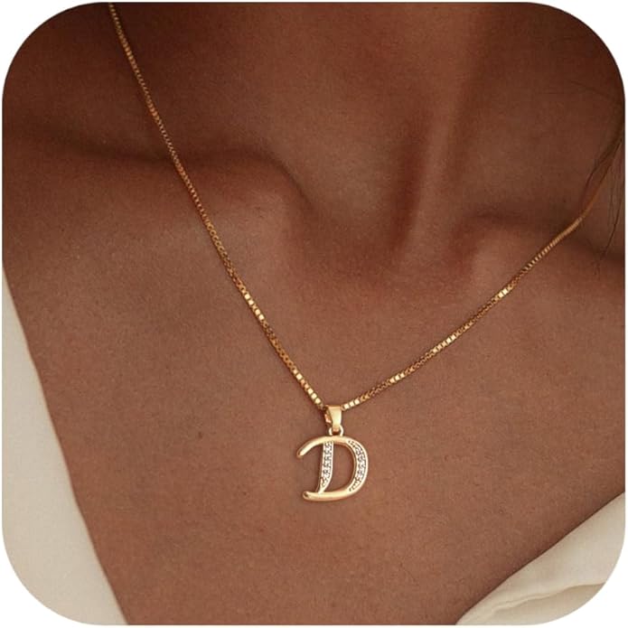 Initial Necklace for Women, 14K Gold Plated Box Chain Letter Pendant, Trendy Name Necklace, Dainty Personalized Jewelry Valentines Day Gift for Her