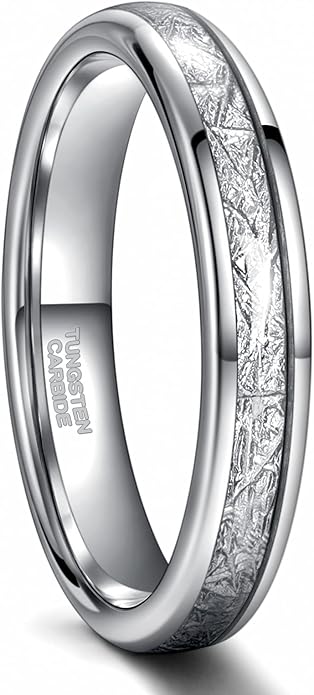 Greenpod 4mm 6mm Tungsten Rings for Men Women Silver Dome Polished Meteorite Inlay Ring Wedding Bands for Him Size 4-13