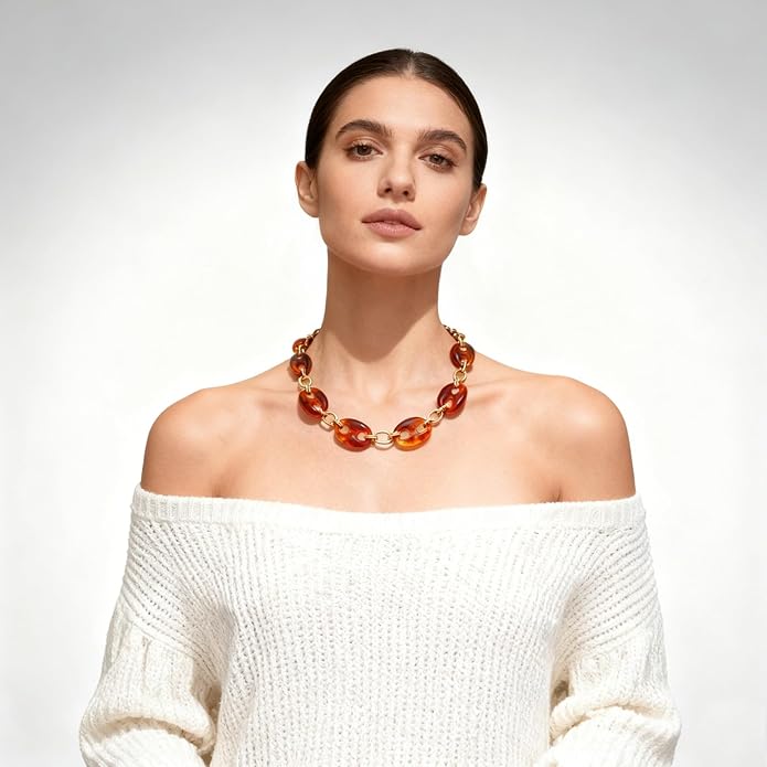 Acrylic Choker Necklace for Women 14K Gold Plated Statement Necklace Bold Brown Resin Chokers Vintage Jewelry Gifts