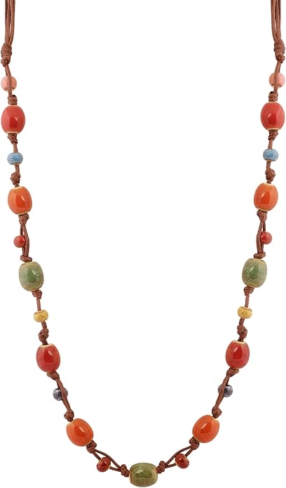 MINACHI Hippie Bohemian Colorful Ceramic Bead Long Strand Necklace, Boho Hippie Beach Summer Statement Jewelry Gift for Women