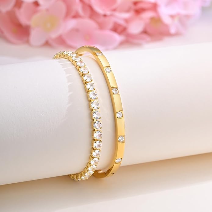 Stackable Gold Bracelets for Women - 2Pcs 18K Gold Plated Cubic Zirconia Bangle Bracelet Friendship Tennis Bracelet Stack Jewelry,Party Christmas Birthday Gifts for Her Girlfriend Sister Wife Daughter
