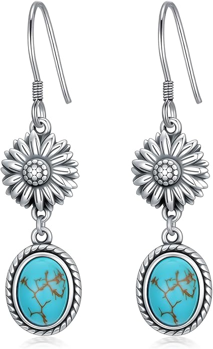 Natural Turquoise Sunflower Earrings 925 Sterling Silver Hook Western Earrings for Women You are my Sunshine Vintage Boho Jewelry Gifts for Her