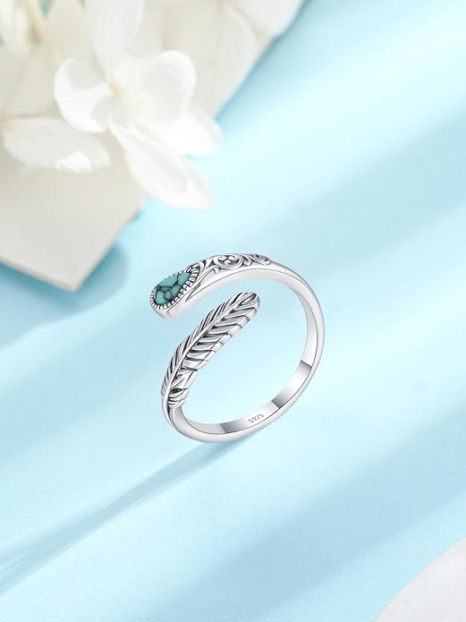 Turquoise/Moss Agate/Moonstone/Black Onyx/Lapis Lazuli/Labradorite/Tiger Eye Feather Ring 925 Sterling Silver Adjustable Ring Western Thumb Rings Vintage Jewelry Gifts for Women