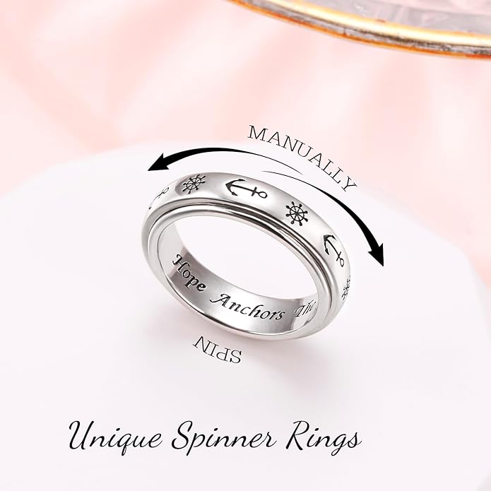Ladytree Anxiety Relieve Rings 925 Sterling Silver Spinner Fidget Ring Worry Stress Relieving Boredom ADHD Autism Ring Platinum Plated Jewelry Birthday Gifts for Women Men